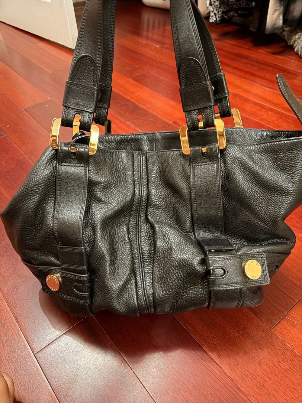 Michael Kors Black Pebbled Leather Shoulder Bag with Gold Hardware